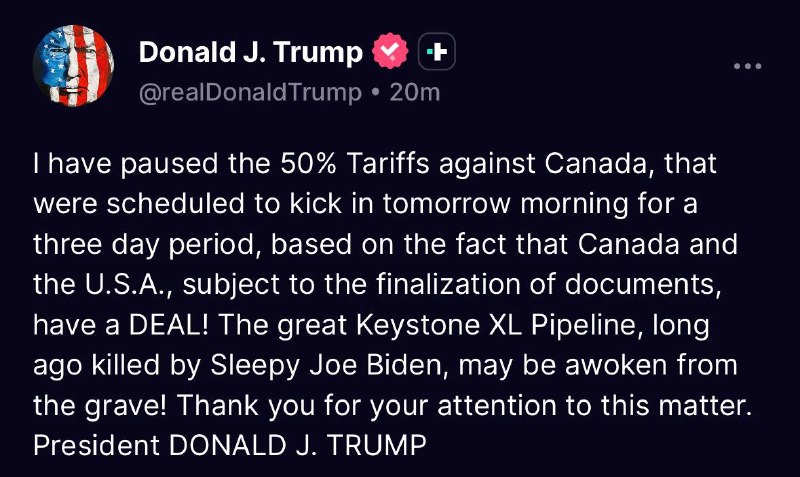 ️🇺🇸🇨🇦 נשיא ארה"ב טראמפ אומר שהוא מפסיק את המכסים על קנדה: