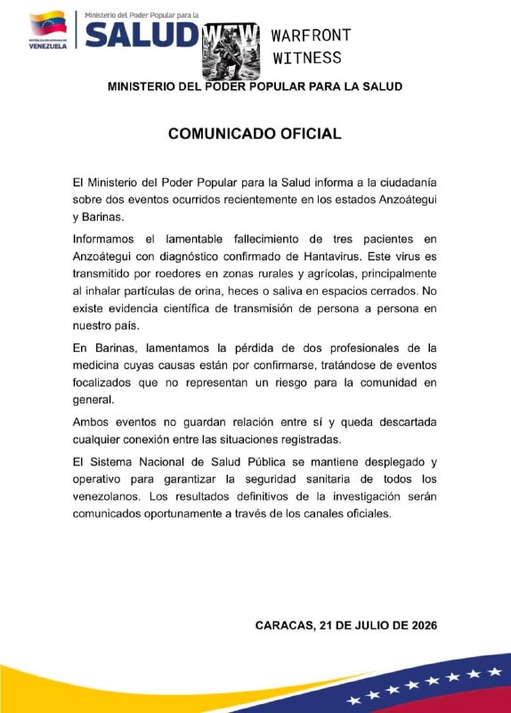 ️🇻🇪 משרד הבריאות של ונצואלה דיווח על שלושה מקרי מוות מאושרים של נגיף האנטווירוס במדינת אנזואטגווי, המועבר…