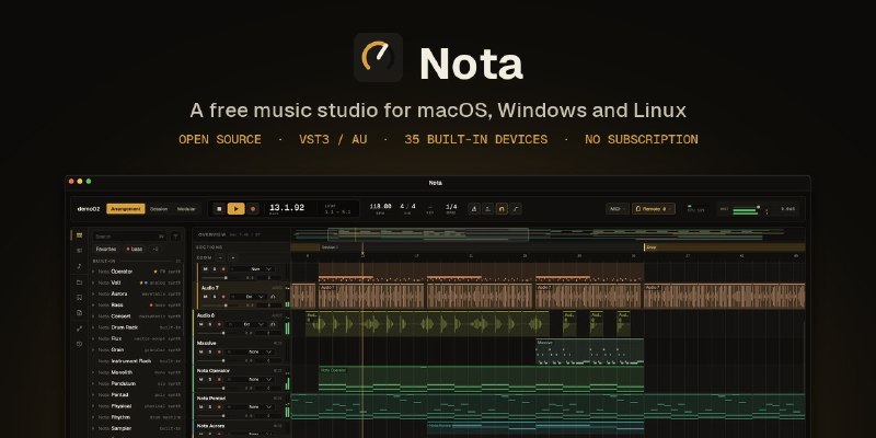 🍭 #音乐创作 #开源软件 #音频工作站🏵 Nota - 跨平台开源数字音频工作站🍥 简介