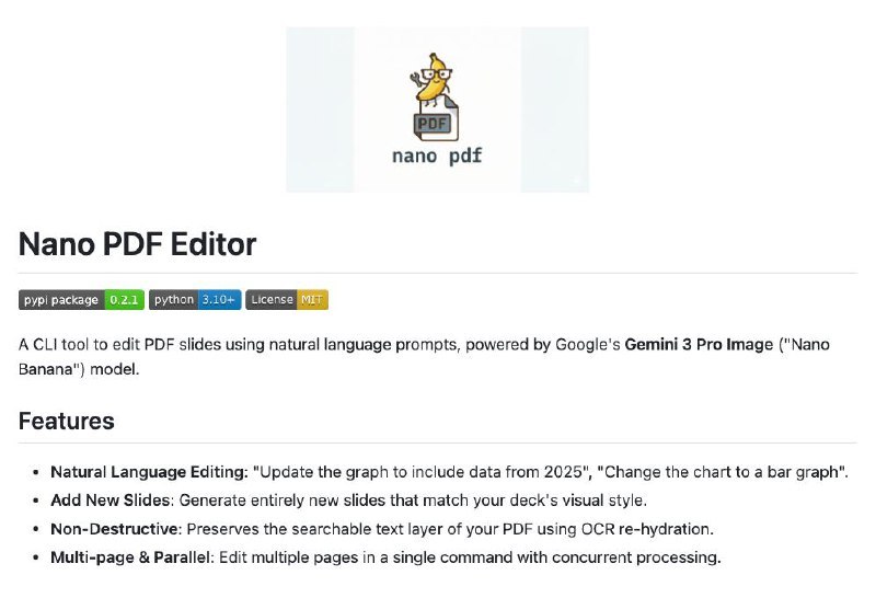 🍭 #PDF工具 #命令行 #AI工具🏵 Nano PDF - PDF幻灯片AI编辑🍥 简介
