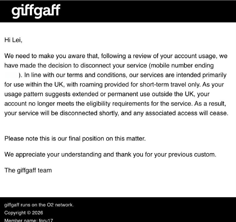 #giffgaff #英国 #eSIMgiffgaff 卡彻底关门，目前正在分批向用户发送邮件，断开长期在英国境外的用户服务