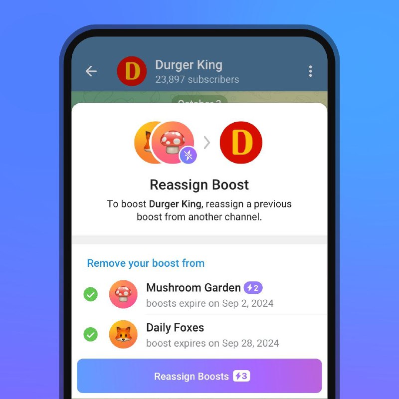 With this update, each Premium account receives more boosts – users who pay for their own subscription have 4 boosts.If you gift Premium to someone, they will receive 1 boost, and you get 3 more. If you win Premium in a giveaway, your 4 boosts automatically go to the host channel.November Features1 • 2 • 3 • More