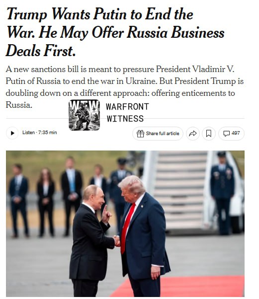 ️🇺🇸🇷🇺🇺🇦 NYT: The Trump administration is considering signing business deals with Russia before the war in Ukraine ends, even as Congress passed a sanctions bill this week aimed at pressuring President Vladimir Putin, while envoys Steve Witkoff and Jared Kushner continue to seek territorial incentives for territorial discussions.