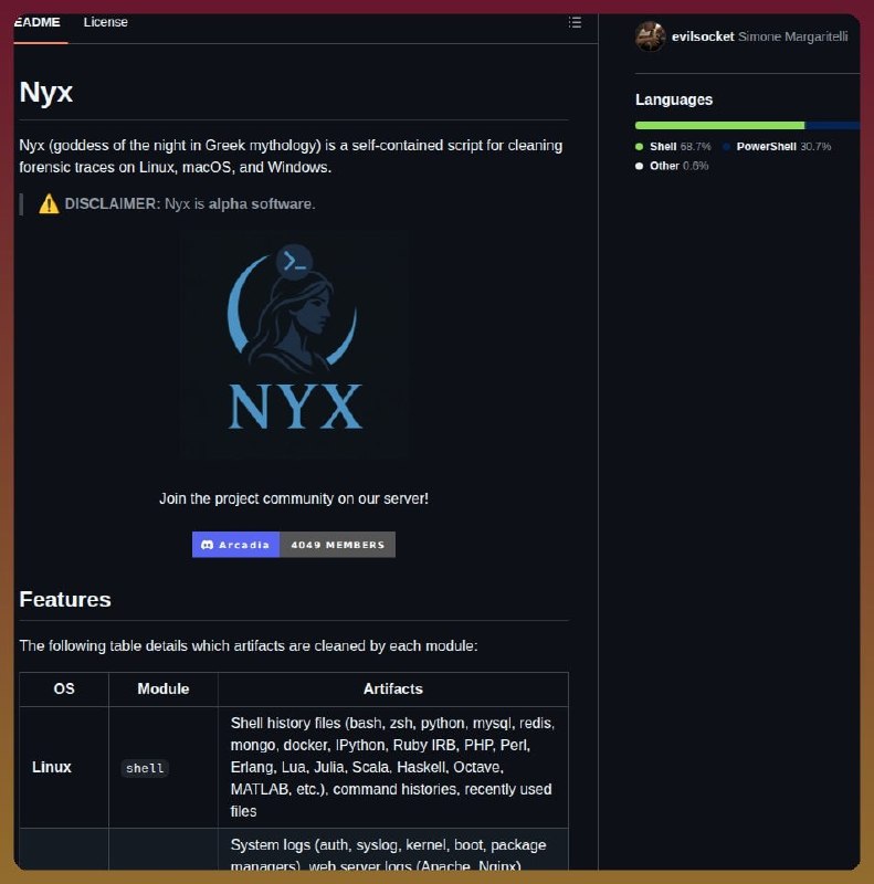 🍭 #系统安全 #取证清除 #隐私保护🏵 Nyx - 跨平台取证痕迹擦除脚本🍥 简介