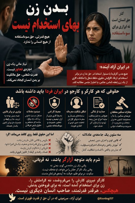 چند قرن بردگی: بدنِ زن، بهای استخدام نیستدر ایران فردا، تنها تغییر حکومت کافی نیست.اگر فساد بماند، اگر رابطه و پول از قانون قوی‌تر باشد