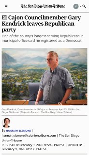 圣地亚哥郡任职时间最长的共和党地方民选官员因为不满川普的移民执法，宣布退出共和党，加入民主党。他是El Cajon的市政委员，那里是圣地亚哥郡仅存的少数几个保守派市之一，也是最穷的市之一，家庭年收入中位数才3万美元，圣地亚哥郡为11万美元。