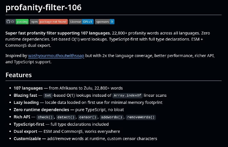 🍭 #编程工具 #语言处理 #自然语言处理🏵 Profanity-Filtering-All-languages - 多语言敏感词过滤库🍥 简介
