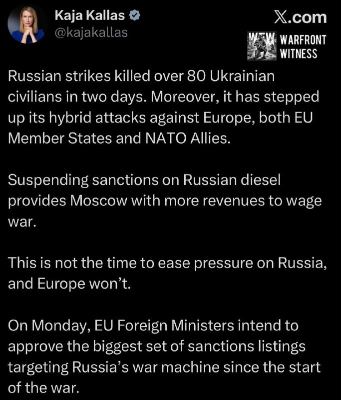 ️🇪🇺🇺🇸🇷🇺 EU foreign representative Callas says the suspension of oil sanctions against Russia gives more revenue to the war against Ukraine.