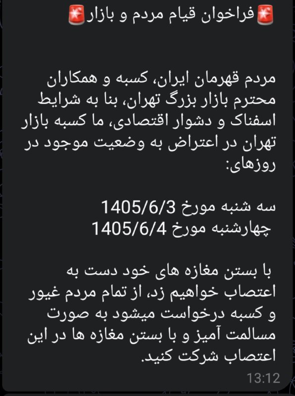 آنتی اکسیدان: یه سری فراخوان داره منتشر میشه که کسبه بازار، سهشنبه و چهارشنبه، در اعتراض به وضعیت اقتصادی دست به اعتصاب بزنن و مغازه