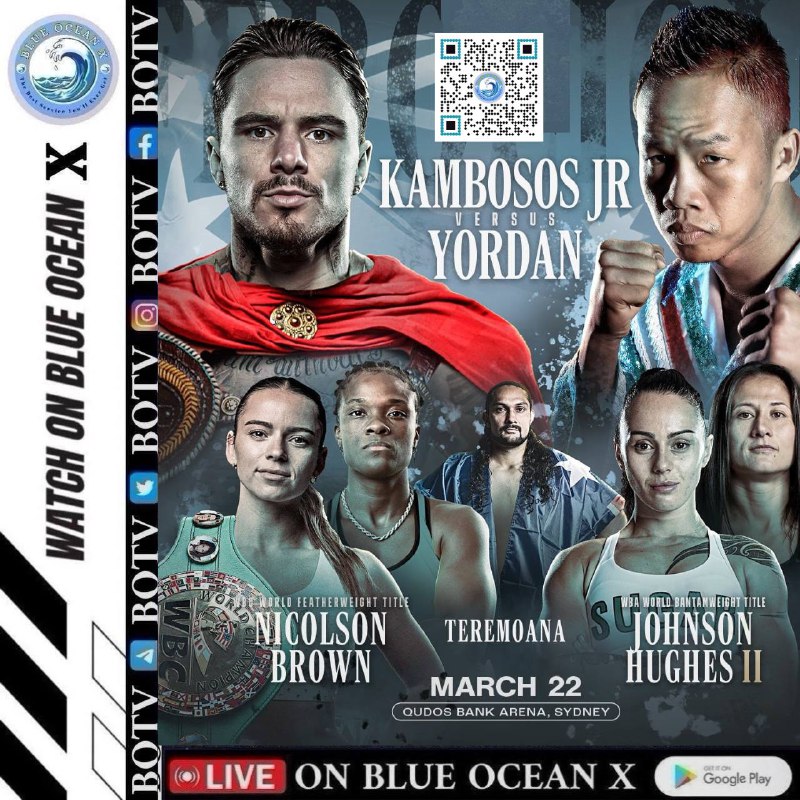 George Kambosos နှင့် Daud Yordan | Qudos Bank Arena၊ Sydney၊ ဩစတြေးလျ !!ဩစတြေးလျနိုင်ငံ၊ Sydney မြို့ရှိ Qudos Bank Arena တွင် မတ်လ ၂၂ ရက်၊ ၂၀၂၅ ခုနှစ်တွင် ကျင်းပမည့် လက်ဝှေ့ပွဲစဉ်တစ်ခုတွင် ဩစတြေးလျနိုင်ငံသား ဂျော့ချ် ကမ်ဘိုဆို့စ် (George Kambosos Jr.) နှင့် အင်ဒိုနီးရှားနိုင်ငံသား ဒေါ့ဒ် ယော်ဒန် (Daud Yordan) တို့ ယှဉ်ပြိုင်ထိုးသတ်မည်ဖြစ်သည်။ ဤပွဲစဉ်သည် စူပါလိုက်ဝိတ် (Super Lightweight) အလေးချိန်အတန်းဖြစ်ပြီး အချီပေါင်း ၁၀ ချီပွဲစဉ်အဖြစ် စီစဉ်ထားသည်။ဂျော့ချ် ကမ်ဘိုဆို့စ်သည် ယခင်က လိုက်ဝိတ် (Lightweight) အုပ်စုတွင် ကမ္ဘာ့ချန်ပီယံဖြစ်ခဲ့သူတစ်ဦးဖြစ်ပြီး ယခုပွဲစဉ်သည် သူ၏ဇာတိမြို့ Sydney တွင် ၈ နှစ်ကျော်အကြာမှ ပြန်လည်ထိုးသတ်မည့် ပထမဆုံးအကြိမ်လည်းဖြစ်သည်။ သူသည် စူပါလိုက်ဝိတ်အတန်းသို့ အလေးချိန်တိုးကာ ပထမဆုံးအကြိမ် ယှဉ်ပြိုင်မည်ဖြစ်ပြီး၊ လက်ရှိတွင် သူ၏စံချိန်မှာ အနိုင် ၂၁ ပွဲ၊ အရှုံး ၃ ပွဲ (အနိုင်ရမှု ၁၀ ပွဲသည် နောက်ဆုံးထိုး၍ အနိုင်ရခြင်း) ဖြစ်သည်။ဒေါ့ဒ် ယော်ဒန်ကမူ အသက် ၃၇ နှစ်ရှိ အင်ဒိုနီးရှားလက်ဝှေ့သမားတစ်ဦးဖြစ်ပြီး၊ သူ၏စံချိန်မှာ အနိုင် ၄၃ ပွဲ၊ အရှုံး ၄ ပွဲ (အနိုင်ရမှု ၃၁ ပွဲသည် နောက်ဆုံးထိုး၍ အနိုင်ရခြင်း) ဖြစ်သည်။ ယော်ဒန်သည် လတ်တလောတွင် အနိုင် ၅ ပွဲဆက်တိုက်ရရှိထားပြီး အားလုံးကို နောက်ဆုံးထိုး၍ အနိုင်ရခဲ့ခြင်းဖြစ်သည်။ သို့သော် သူသည် ၂၀၁၈ ခုနှစ်တွင် အင်္ဂလန်လက်ဝှေ့သမား Anthony Crolla နှင့် ထိုးသတ်ပြီး ရှုံးနိမ့်ခဲ့ပြီးနောက် ထင်ရှားသောပွဲစဉ်များ သိပ်မထိုးသတ်ခဲ့ပေ။ဤပွဲစဉ်ကို Matchroom Boxing မှ ကြီးမွှမ်းကျင်းပမည်ဖြစ်ပြီး DAZN မှ ကမ္ဘာတစ်ဝှမ်းသို့ တိုက်ရိုက်ထုတ်လွှင့်ပြသမည်ဖြစ်သည်။ ကမ်ဘိုဆို့စ်အတွက် ဤပွဲသည် စူပါလိုက်ဝိတ်တန်းတွင် ကမ္ဘာ့ချန်ပီယံဆုအတွက် ဆက်လက်ယှဉ်ပြိုင်နိုင်ရန် အရေးကြီးသောအဆင့်တစ်ခုဖြစ်ပြီး၊ ယော်ဒန်အတွက်မူ သူ၏အသက်မွေးဝမ်းကျောင်းမှု၏ နောက်ထပ်ထင်ရှားသော အောင်ပွဲတစ်ခုရရှိရန် အခွင့်အရေးတစ်ခုဖြစ်သည်။Sydney ၏ Qudos Bank Arena တွင် ကျင်းပမည့် ဤပွဲစဉ်သည် ဩစတြေးလျလက်ဝှေ့သမိုင်းတွင် ထင်ရှားသောညနေတစ်ခုဖြစ်လာမည်ဟု မျှော်လင့်ရပြီး၊ ပရိသတ်များအနေဖြင့် စိတ်လှုပ်ရှားဖွယ်ရာ ထိုးသတ်ပွဲကို မျှော်လင့်စောင့်စားနိုင်ကြသည်။George Kambosos နှင့် Daud Yordan ပွဲစဉ်ကို Blue Ocean PPV ရုပ်သံလိုင်းကနေ ထုတ်လွင့်ပြသပေးပါမည်ဆိုတဲ့အကြောင်း သနင်းကောင်းပါးပါရစေ😊🔷 BLUE OCEAN WEBSITE       