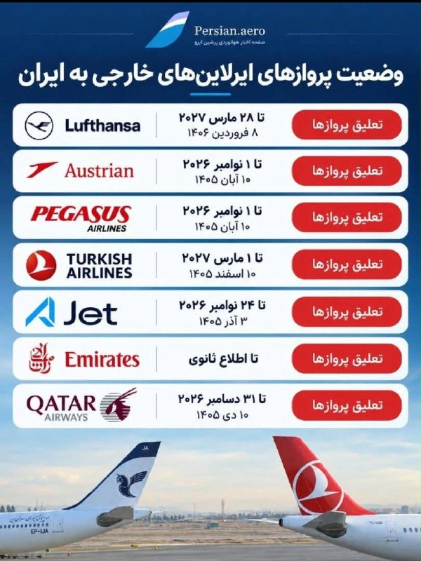 خبرفردا: 🔺 تعلیق پروازهای لوفت‌هانزا تا ۸ فروردین ۱۴۰۶ و ترکیش ایرلاینز تا ۱۰ اسفند ۱۴۰۵🔸آخرین وضعیت تعلیق پروازهای ایرلاین‌های خ