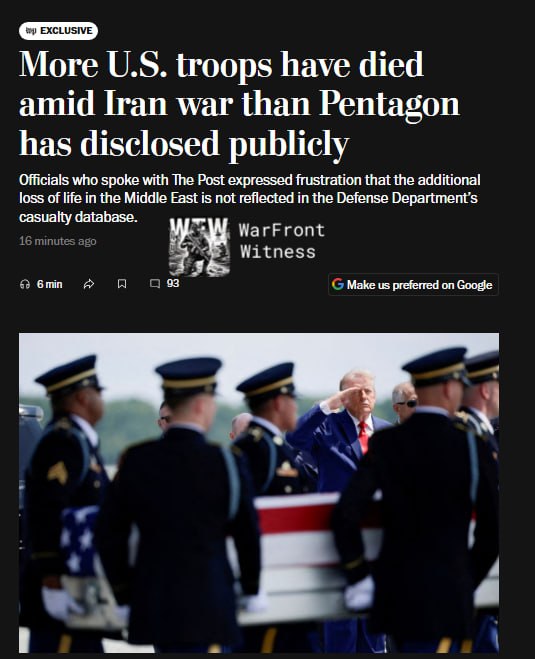 ️🇺🇸🇮🇷 The Washington Post: Six U.S. officials familiar with Department of Homeland Security data say at least 22 to 23 U.S. service members have died in the Iran war, several more than the 18 the Pentagon has publicly disclosed, as officials expressed frustration that the toll in the database is not reflected in person.
