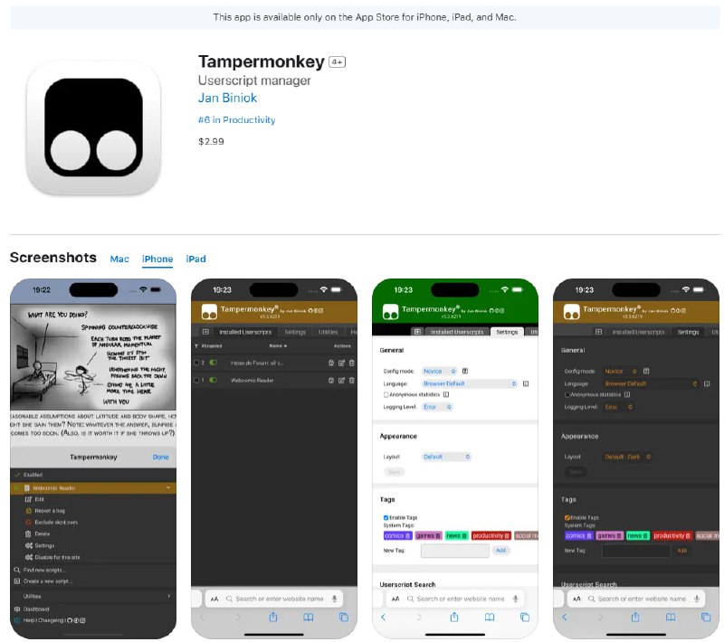 著名浏览器插件Tampermonkey（篡改猴）上架App Store作者同时上架了iPhone、ipad、MAC、三个版本
