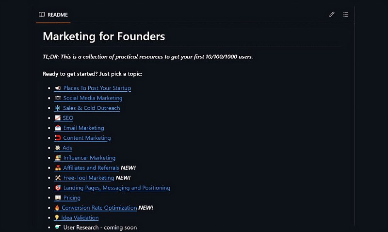 🍭 #市场营销 #创业工具 #SaaS运营🏵 Marketing-for-Founders - 初创项目用户获取资源库🍥 简介