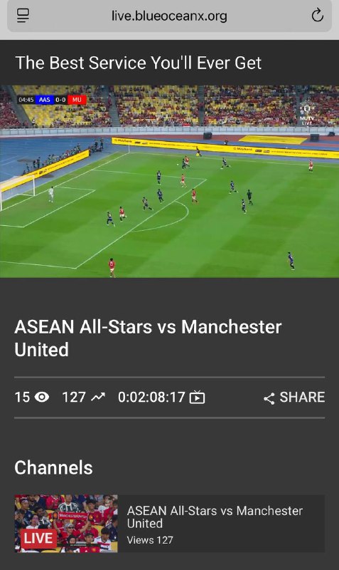 ASEAN All Stars Vs Man United 📺ပွဲစဉ်ကို Blue Ocean X Web Page ကနေလဲ အခမဲ့ဝင်ရောက်ကြည့်ရူ့နိုင်ပါတယ်နော် အောက်ပါလင်းကို နိပ်ပြီး ကြည့်ရူ့နိုင်ပါသည်။👇 ကျေးဇူးတင်ပါသည်။