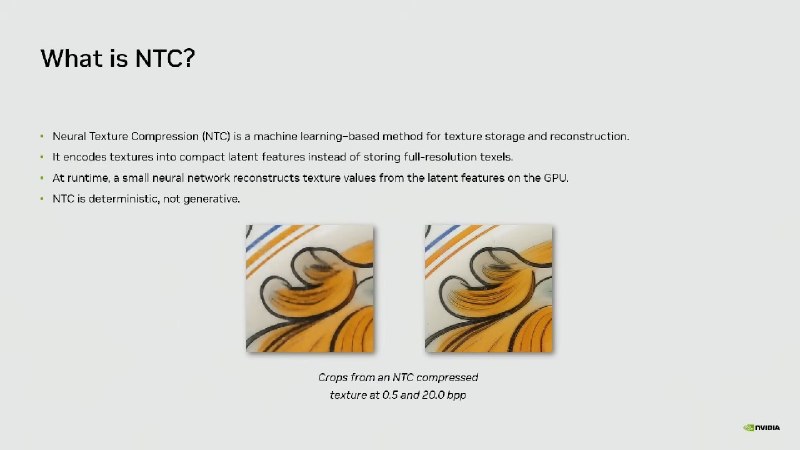 ♻️ 英伟达展示 NTC 纹理压缩技术：显存占用暴降 85%，画质近乎无损英伟达（NVIDIA）在 GTC 2026 大会上再次展示了其“神经纹理压缩”（Neural Texture Compression，简称 NTC）技术