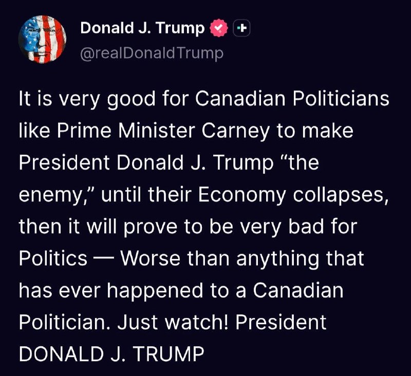 ️🇺🇸🇨🇦 ארה"ב הנשיא טראמפ אומר שראש ממשלת קנדה קרני הפיכתו לאויב היא פוליטיקה גרועה ותוביל לקריסת הכלכלה…