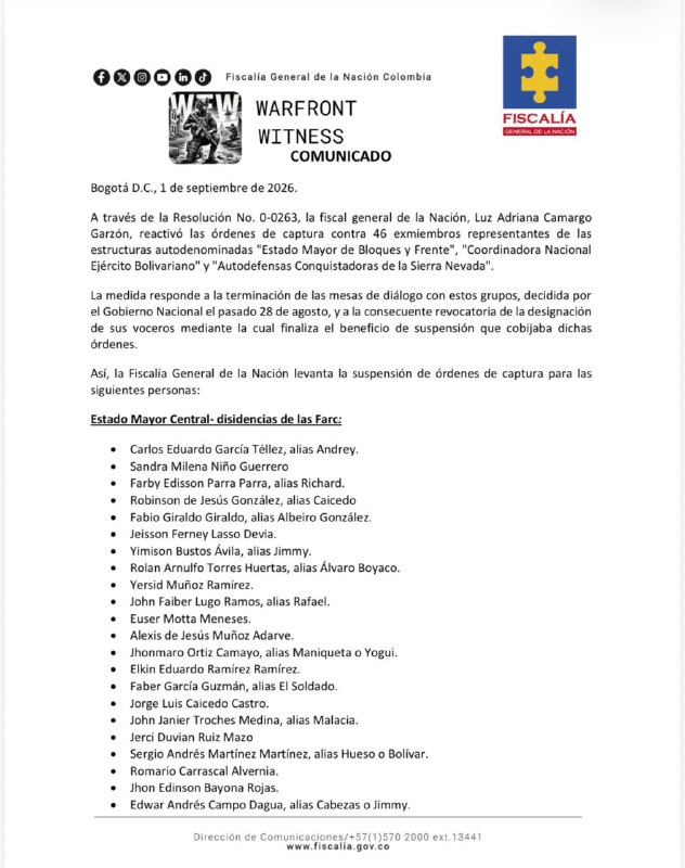 ️🇨🇴 משרד התובע של קולומביה הפעילה מחדש צווי מעצר נגד 46 חברים ונציגים לשעבר של "ראשי העיר אסטדו דה בלוקס…