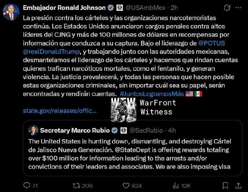 ️🇺🇸🇲🇽 שגריר ארה"ב במקסיקו, רונלד ג'ונסון, אמר שהלחץ על קרטלים וארגוני נרקו-טרור נמשך, והצביע על אישומים…