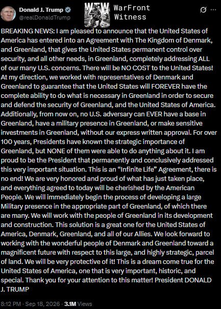 ️🇺🇸🇩🇰🇬🇱 President Donald Trump announced on Friday that the US has reached an agreement with Denmark and Greenland that gives Washington "permanent control" over Greenland's security "and all other needs", at no cost to American taxpayers, and added that the US will establish a military presence on a military basis, without a large base and without a military base. or sensitive investments there without the written approval of the US.
