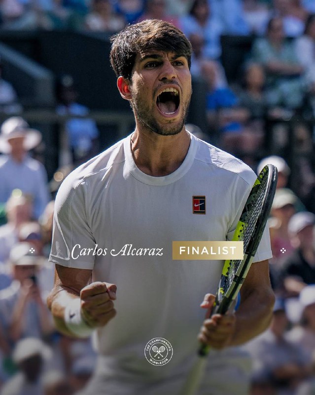 20 Wimbledon wins in a row.Carlos Alcaraz defeats Taylor Fritz 6-4, 5-7, 6-3, 7-6(6) to reach his third consecutive #Wimbledon final.