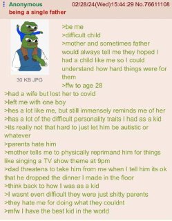 我小时候仅仅是做我自己的事情谁也没有打扰我父母就会抱怨说我非常难带我父母说你以后有个和你性格一样的小孩你就知道我们的辛苦了快进到28岁妻子因为新冠去世了给我留下一个男孩性格和我小时候一模一样长相和我妻子一模一样但养他真的很容易只要让他做他自己就好了我父母讨厌我儿子他晚上9点唱动画片主题曲我母亲让我打他他把我做的饭不小心掉在地上我安慰他说没事我父亲就威胁我说如果我继续这种教育方式他要把儿子从我身边夺走我想起了我小时候的事情我不是难带的孩子只是我父母是糟糕的父母我父母看到我爱我的孩子我做到了我父母做不到的事情所