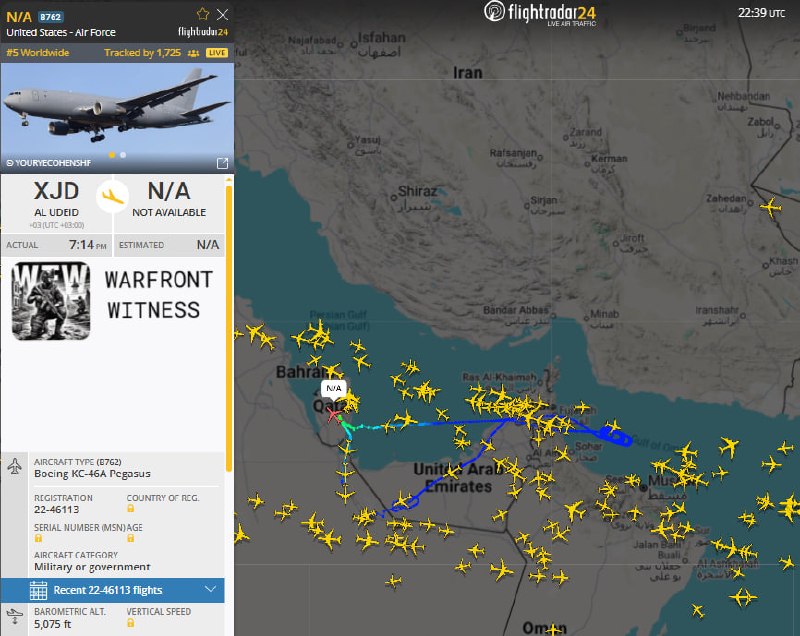 ️🇺🇸🇮🇷 סטרטוטנקרים מרובים של USAF מוטסים מעל המפרץ הפרסי.