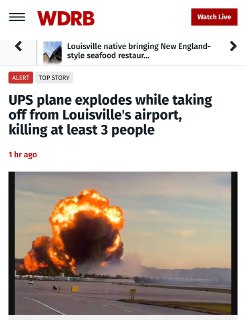 川普新时代美国第N起空难：一架UPS飞机从路易斯维尔机场起飞时爆炸，至上3人死亡。