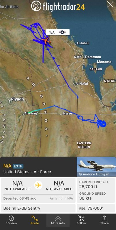 מטוס האזהרה המוקדמת של E-3B AWACS ומטוס הבקרה מוטס עדיין מפטרל מעל צפון מזרח ערב הסעודית לאחר יותר מ-8 שעות…