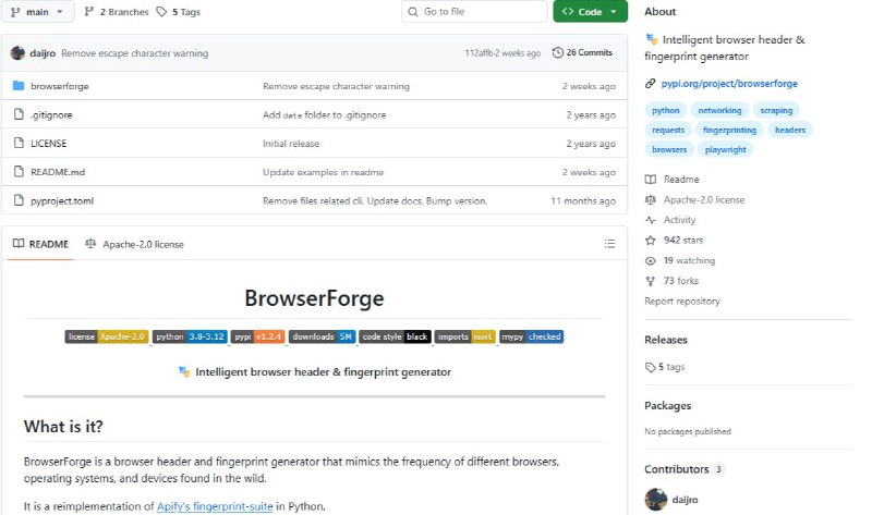 🍭 #浏览器工具 #数据生成🏵 BrowserForge - 浏览器指纹/请求头模拟生成🍥 简介