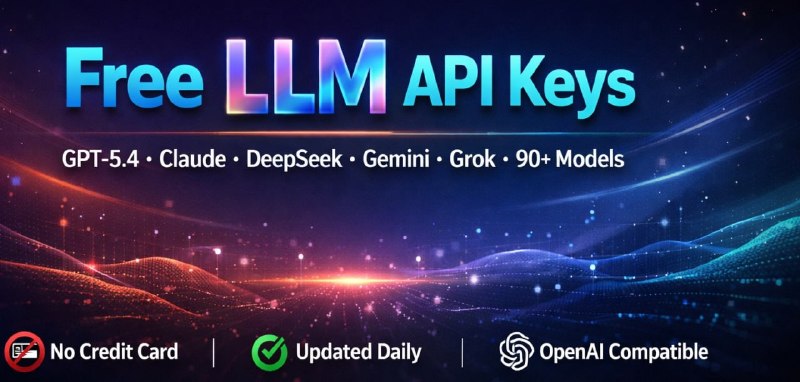 #AI #API Free LLM API Keys 免费 LLM API Keys 分享服务，无需信用卡，无需注册，只需复制 Key 并粘贴到应用中即可开始，覆盖 GPT-5.5、Claude Opus 4.7、Gemini、DeepSeek、smart-chat、Kimi、图像、语音和向量模型，兼容 OpenAI SDK，每个 Key 预算 $20-$100，每分钟速率限制 3-20 次请求，有效期 24-48 小时，失效 Key 全天自动清理