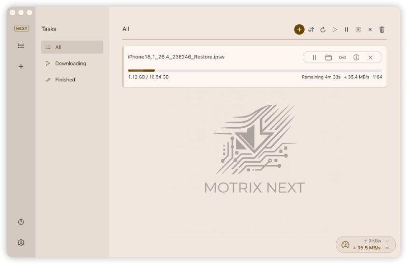 #下载 #开源 Motrix Next 基于 Motrix 重新构建的下载管理器，相比旧版显著降低内存占用与安装体积，完整程序仅约 20MB，支持 HTTP、FTP、BitTorrent、磁力链接、Metalink 等多种协议，并提供多线程分段下载、上传下载限速、任务调度、断点续传与代理设置等能力，支持选择性下载、DHT、Peer Exchange、Tracker 管理与加密连接，免费开源，适用于 Windows、macOS 与 Linux 系统