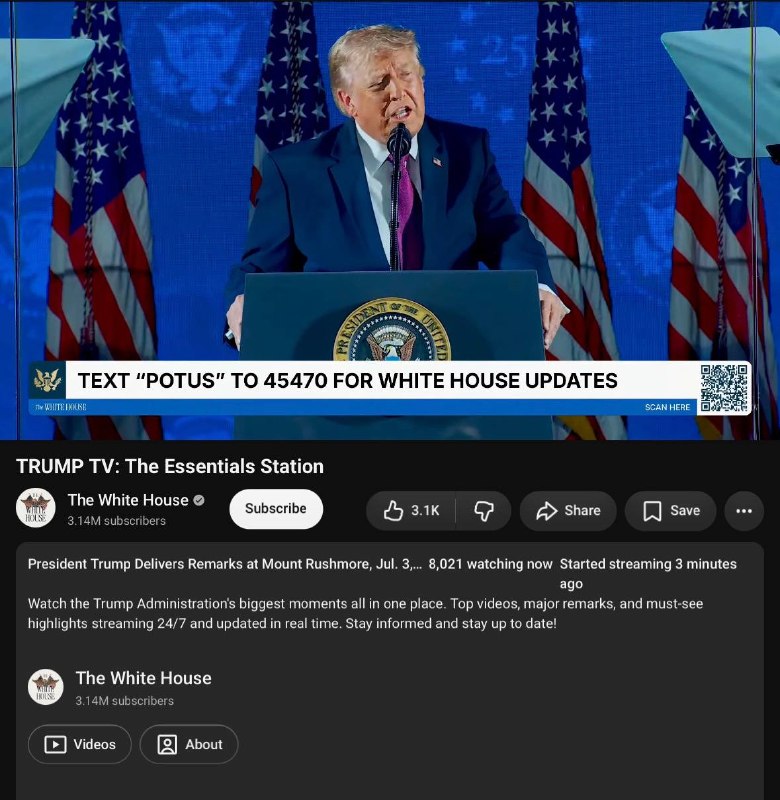 ️🇺🇸 The White House's new "Trump TV" is now live, and appears to be a 24/7 live stream featuring reruns of the Trump administration's "biggest moments."
