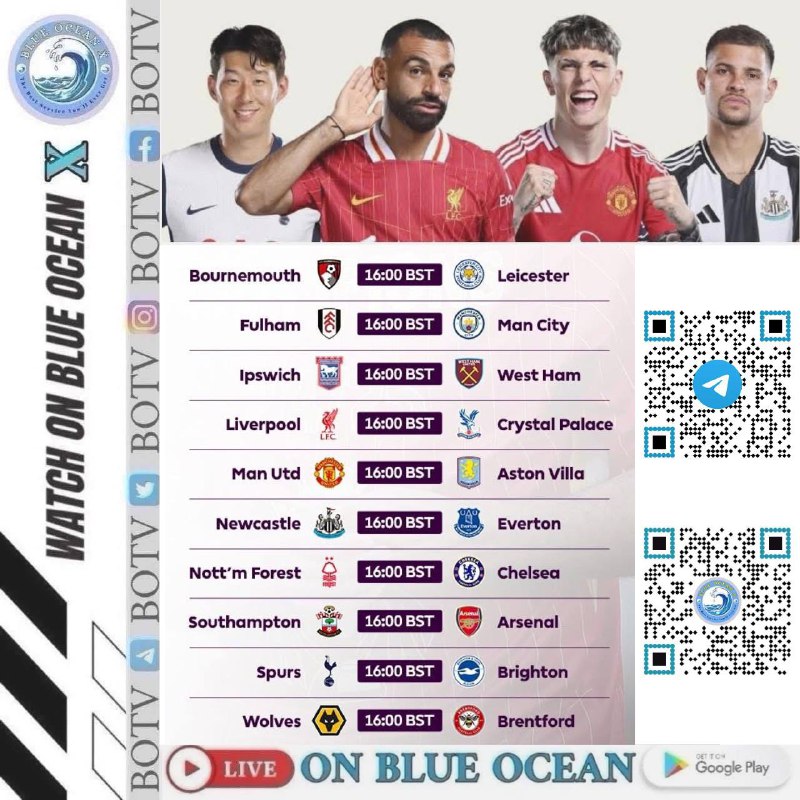 ⚽️English Premier League⚽️EPL01: Bournemouth 16:00 Leicester City 25/05  EPL02: Fulham 16:00 Man City 25/05  EPL03: Ipswich Town 16:00 West Ham 25/05  EPL04: Liverpool 16:00 Crystal Palace 25/05  EPL05: Man Utd 16:00 Aston Villa 25/05  EPL06: Newcastle Utd 16:00 Everton 25/05  EPL07: Notts Forest 16:00 Chelsea 25/05  EPL08: Southampton 16:00 Arsenal 25/05  EPL09: Spurs 16:00 Brighton 25/05  EPL10: Wolves 16:00 Brentford 25/05
