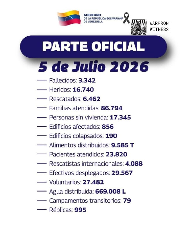 ️ 🇻🇪 הדו"ח הרשמי נכון ל-5 ביולי 2026, מאשר שמספר ההרוגים ברעידות האדמה האחרונות בוונצואלה עלה ל-3,342, עם…