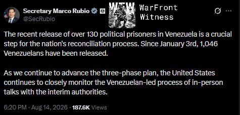 ️🇺🇸🇻🇪 מזכיר המדינה מרקו רוביו בירך על השחרור האחרון של למעלה מ-130 אסירים פוליטיים בוונצואלה, וכינה זאת…