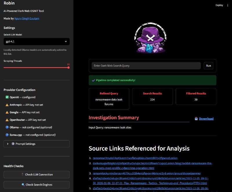 🍭 #OSINT #人工智能 #网络安全🏵 Robin - 暗网AI情报分析工具🍥 简介