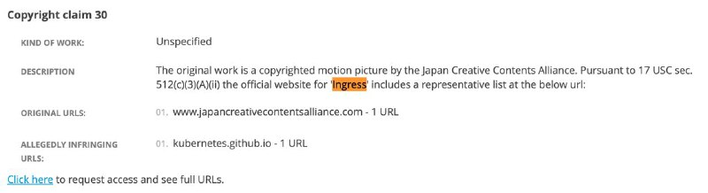 Google 把 Kubernetes 文档里面的 Nginx Ingress 的其中一篇文档的搜索结果给 DMCA take down 了Kubernetes 工作区里有人说可能是因为和 Ingress（对，就是群友喜欢玩的 Ingress）衍生剧集撞车了关联 GitHub Issue