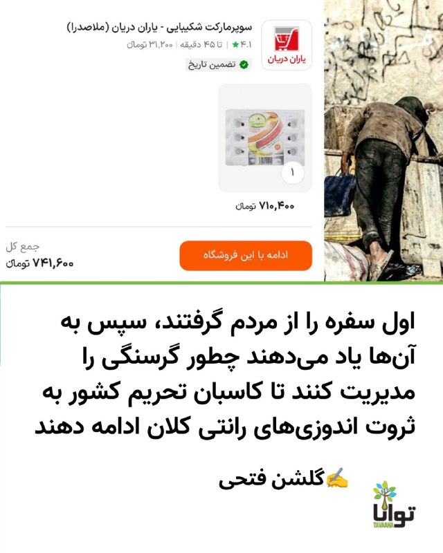 آموزشکده توانا: گلشن فتحی، فعال مدنی، با انتشار مطلبی در شبکه اجتماعی ایکس و اشاره به قیمت حدود ۳۱ هزار تومانی هر عدد تخم‌مرغ، از فروپاش