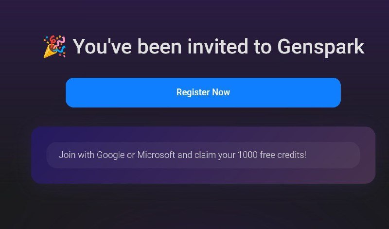 ✨Genspark 1100 信用额度（企业）邀请链接✨点击这里（使用 Gmail / Microsoft 帐户加入）🗣 羊毛撸货线报 | 合作/投稿