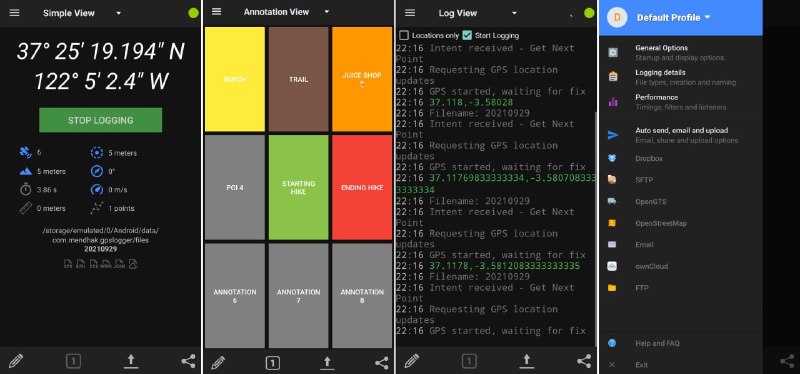 #GPS #轨迹 #开源 GPSLogger Android GPS 轨迹记录工具，可低功耗在后台持续采集并保存位置信息，可按时间或距离设置记录间隔，支持输出 GPX、KML、CSV、NMEA 等格式，同时提供自动上传功能，可将数据通过 SFTP、Dropbox、Google Drive、OpenStreetMap 或自定义接口实时同步，适用于徒步、骑行、爬山或日常出行中持续记录轨迹，免费开源