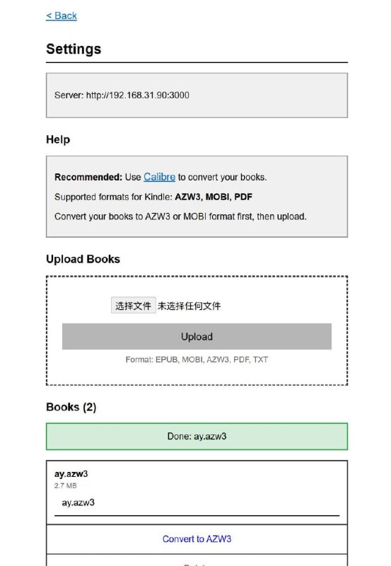 #KIndle #文件传输 #局域网 #开源 Kindler Kindle 书籍局域网传输和转换工具，安装 Node.js 和 Calibre 后即可在 Kindle 上直接下载，支持 EPUB、MOBI、AZW3、PDF、TXT 等书籍格式，通过 Calibre 的 ebook-convert 命令行工具，还可一键将书籍转换为 AZW3 格式，文件名建议使用英文，中文名可能无法正常下载，免费开源