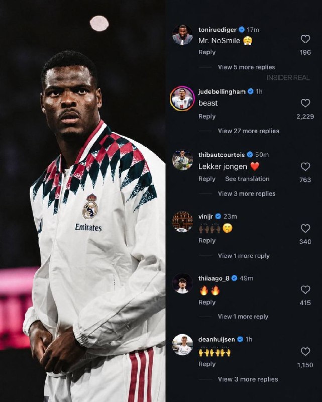 رئال مادرید | Real Madrid: 👍کامنت بازیکنان درباره پست دومفریس:💬‏رودریگر: آقای غیرخندان 😤💬‏بلینگهام: هیولا 🔥💬‏کورتوا: پسر فوق‌العاده ❤️💬‏وینیسیوس: 🫡
