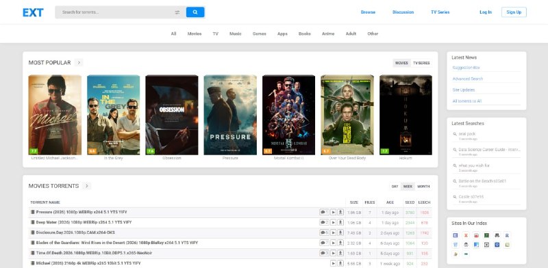 #磁力 #种子 EXT Torrents BT 种子搜索与索引网站，聚合电影、剧集、动漫、音乐、游戏、软件等资源，可通过关键词快速搜索种子和磁力链接，提供分类浏览、热门排行和资源详情页面，收录资源数量较多，支持直接复制磁力链接或下载种子文件，界面简洁，无需注册即可使用