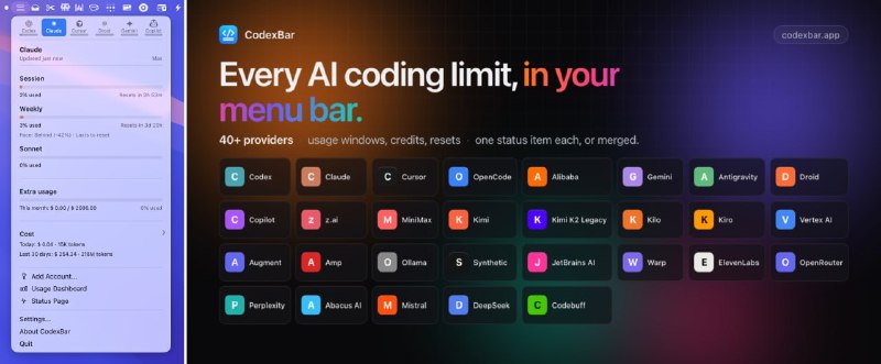#AI #监控 #开源 CodexBar AI 编程工具用量监控工具，可在菜单栏实时查看 Claude Code、Codex、Cursor、Copilot、Gemini 等 40+ AI 服务的额度使用情况，支持显示会话配额、周/月额度、重置倒计时、余额和费用统计，还提供状态监控、桌面小组件和 CLI 工具，可复用现有登录状态，无需重复登录账号，免费开源，适用于 macOS 和 Linux 平台
