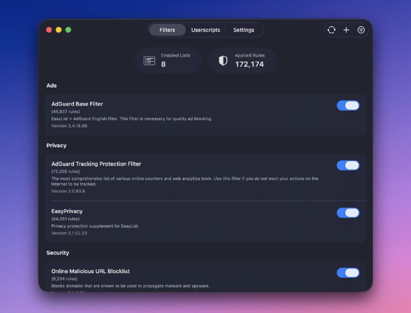 #广告拦截 #iOS #开源 wBlock Safari 广告拦截工具，支持大容量规则集，macOS 上可加载约 75 万条规则，iOS 上约 50 万条，支持广告、追踪器与恶意软件屏蔽、一键去除 Cookie 横幅或订阅弹窗、用户脚本注入、站点开关、自定义过滤器列表、白名单管理、日志查看等功能，适用于 macOS 与 iOS／iPadOS 平台