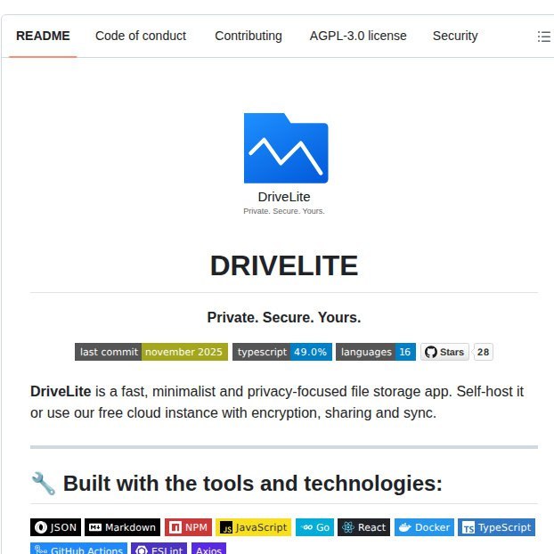 🍭 #开源项目 #网盘存储🏵 DriveLite - 轻量级隐私云存储系统🍥 简介