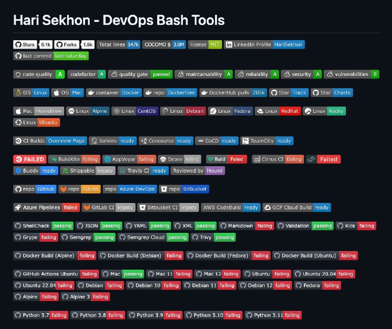 🍭 #DevOps工具 #Bash脚本 #系统管理🏵 DevOps-Bash-tools - 超千款DevOps Bash脚本🍥 简介