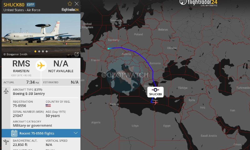 🇺🇸️️ נראה כי מטוס בואינג "E-3B Sentry" של צבא ארה"ב עובר מבסיס רמשטיין בגרמניה למזרח התיכון; מקום הנחיתה…