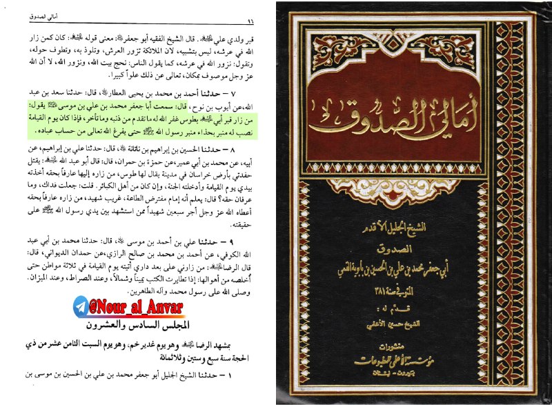 نور الأنوار: 🪶 آثار عظیمِ زیارتِ حضرت امام رضا علیه السلام در مغفرت گناهان گذشته و آینده و حسابرسی روز قیامت🌱 ايوب بن نوح می گويد: از